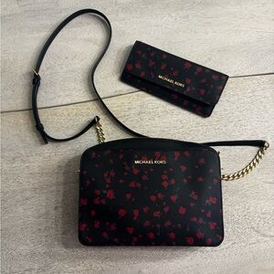 Limited edition Black rose Michael Kors cross body with matching wallet